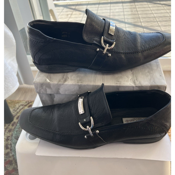 Stefano Castelli Men's  black Leather Loafers Shoes  EU 44  steel  buckle Italy - Picture 2 of 13